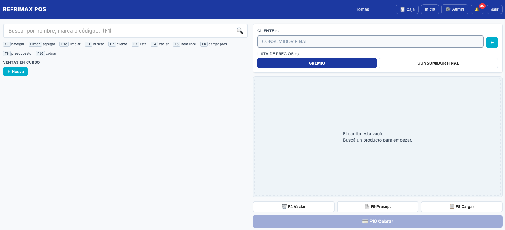 Punto de venta de Refrimax: búsqueda de productos, atajos de teclado, cliente y lista de precios